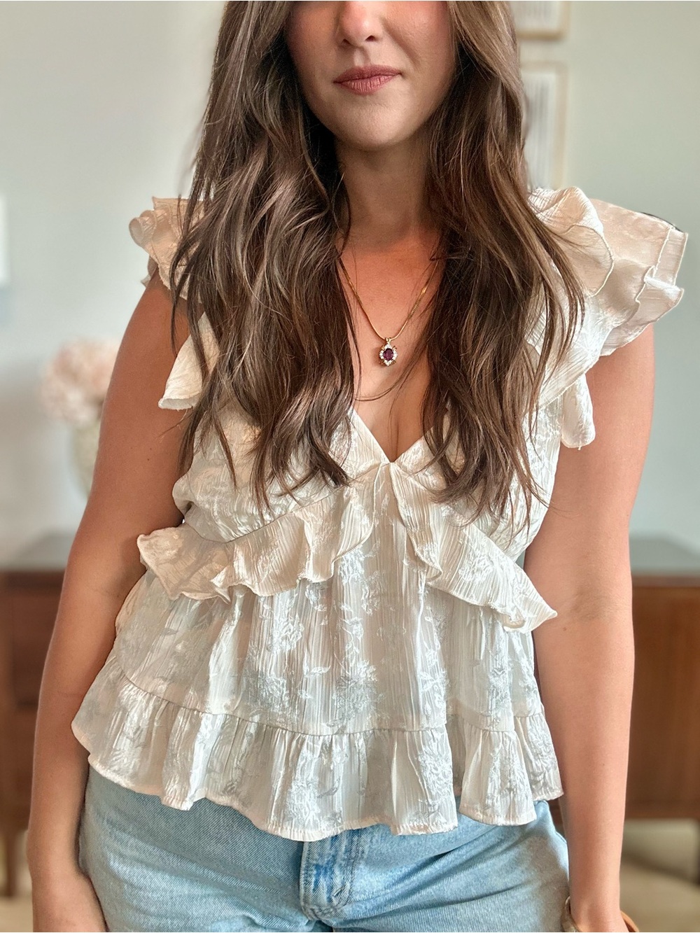 Trixxi Ivory Ruffle Satin Crop Top